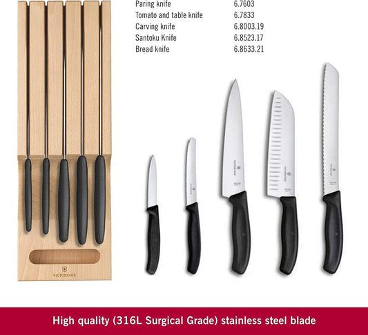 Victorinox Swiss Classic In-Drawer Knife Holder & Knife Set - Includes Knife Organizer, Bread Knife, Santoku Knife, Carving Knife, Paring Knife & Tomato & Table Knife - 6-Piece Set